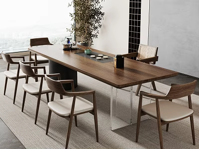 Modern Wooden Tea Table and Chairs Set with Tea Utensils in Minimalist Interior 3d model