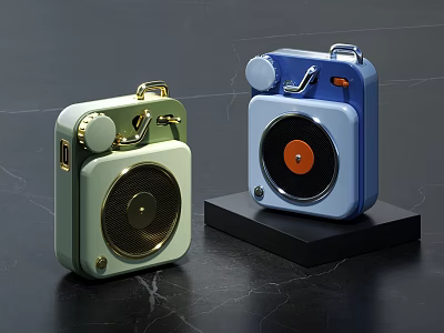 Vintage Style Portable Speakers With Record Design In Green And Blue On Black Display Stand 3d model