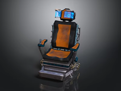 Futuristic Orange Black Seat With Backrest Blue Screens And Mechanical Base 3d model
