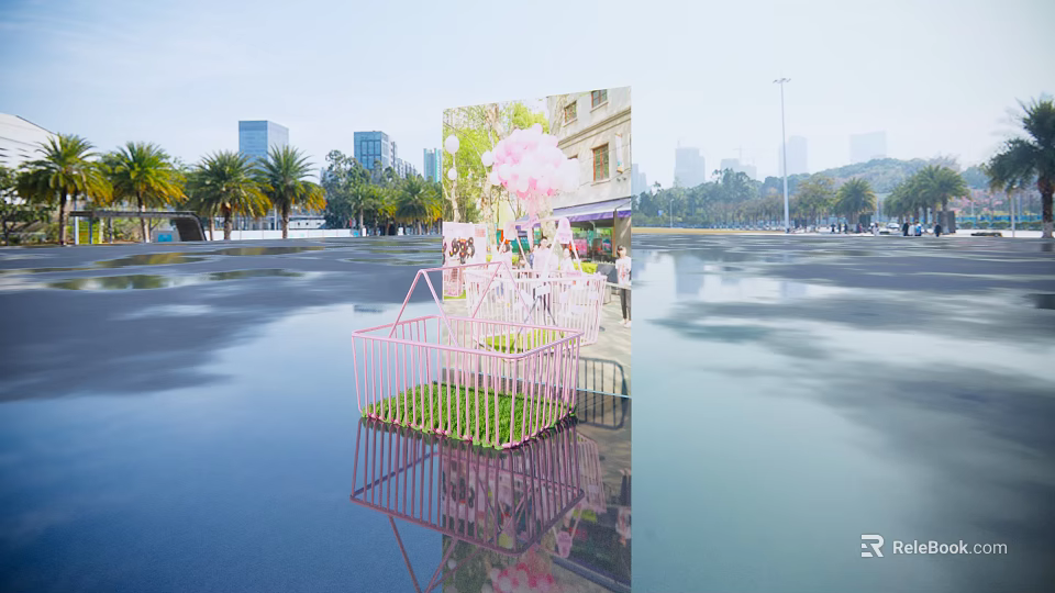 Pink Metal Structure With Green Grass Pink Flowers In City Square Palm Trees Water Reflection 3d model 