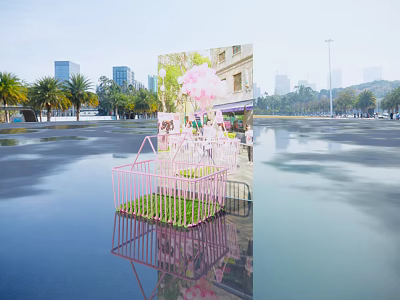 Pink Metal Structure With Green Grass Pink Flowers In City Square Palm Trees Water Reflection 3d model