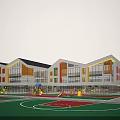 Modern School Building With Sloped Roofs Large Glass Windows Wooden Accents And Colorful Playground