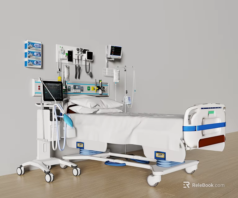 Modern Medical Devices Setup With Hospital Bed Monitor IV Equipment And Clinical Instruments 3d model 