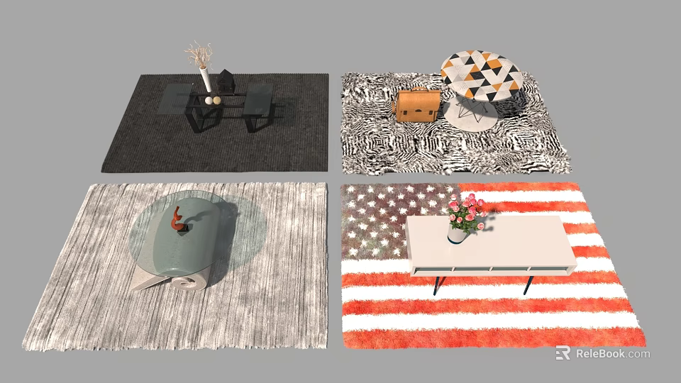 Modern Coffee Tables With Decorative Items On Various Patterned Rugs 3d model