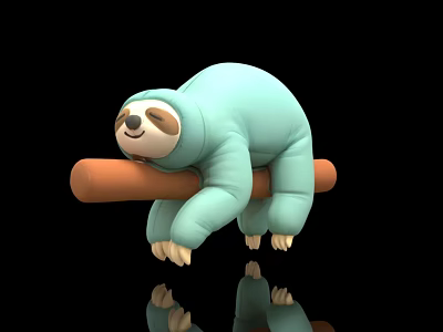 Cute Light Blue Sloth Inflatable Lying on Wooden Log with Reflection Against Black Background 3d model