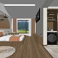 Minimalist Hotel Guest Room Interior With Arched Headboard Bed Nightstand Armchair And Soft Lighting