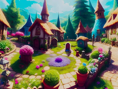 Cartoon Village With Colorful Cottages Pointed Roofs Stone Pathways And Lush Garden Flowers 3d model