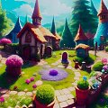 Cartoon Village With Colorful Cottages Pointed Roofs Stone Pathways And Lush Garden Flowers