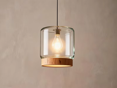 Modern Transparent Glass Pendant Light With Wooden Base Hanging Against Light Wall 3d model