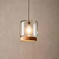 Modern Transparent Glass Pendant Light With Wooden Base Hanging Against Light Wall