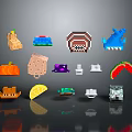Pixel Art Train Among Diverse 3D Items