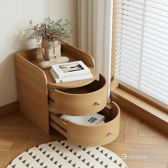 Wooden Nightstand With Two Drawers Holding Book And Flower Vase By Bedroom Window 3d model 