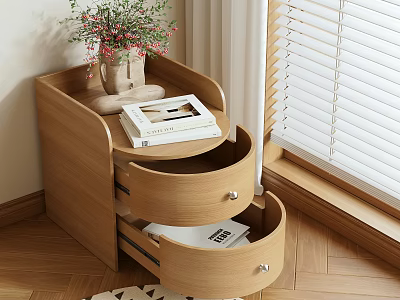 Wooden Nightstand With Two Drawers Holding Book And Flower Vase By Bedroom Window 3d model