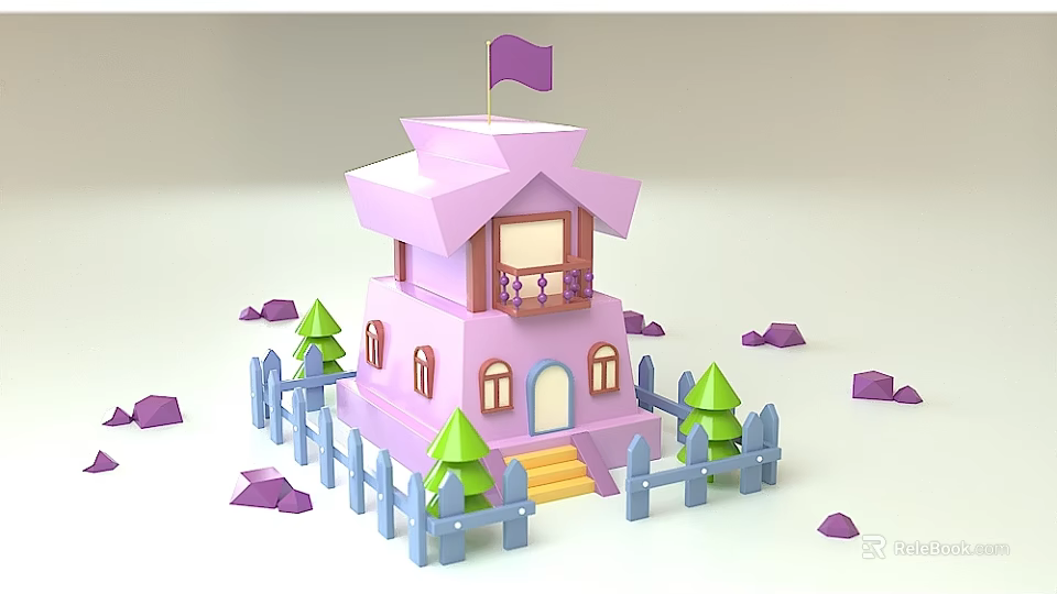 Cartoon Scene Featuring Pink Two Story House Purple Flag Blue Fence And Green Cone Trees 3d model 