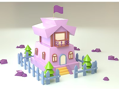 Cartoon Scene Featuring Pink Two Story House Purple Flag Blue Fence And Green Cone Trees 3d model