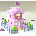 Cartoon Scene Featuring Pink Two Story House Purple Flag Blue Fence And Green Cone Trees