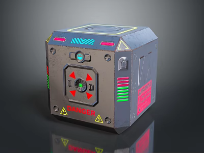 Modern Household Gadget Cube With Danger Sign Buttons And Colorful Indicator Lights 3d model