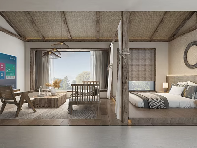Hotel Guest Room With Rustic Wooden Furniture Comfortable Bed Large Window And Cozy Seating 3d model