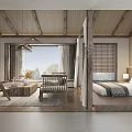 Hotel Guest Room With Rustic Wooden Furniture Comfortable Bed Large Window And Cozy Seating