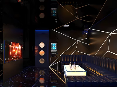 Modern KTV Room Interior With Black Sofa Geometric Line Decor Large Screen And Lighting Effects 3d model