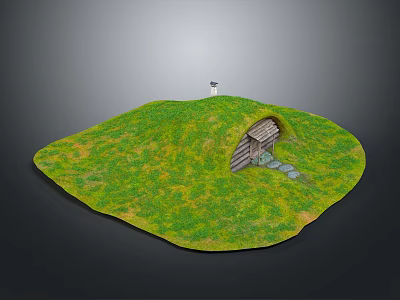 Arched Wooden Doorway on Green Grassy Mound with Stone Path and Small Chimney 3d model