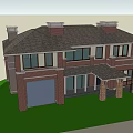 Classic Two Story Detached Villa With Waterfront Green Lawn Large Windows And Brick Exterior