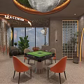 Hotel Mahjong Room Modern Interior With Green Table Orange Chairs And Window Plants