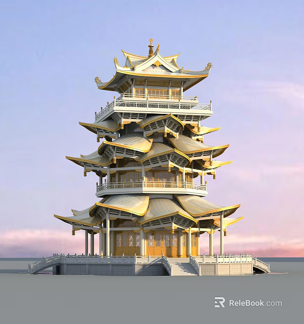 Ancient Chinese Pagoda With Multi Tiered Golden Roof And Traditional Architectural Design 3d model 