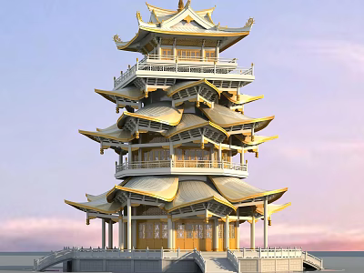 Ancient Chinese Pagoda With Multi Tiered Golden Roof And Traditional Architectural Design 3d model