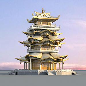 Chinese-style ancient building attic 3d model