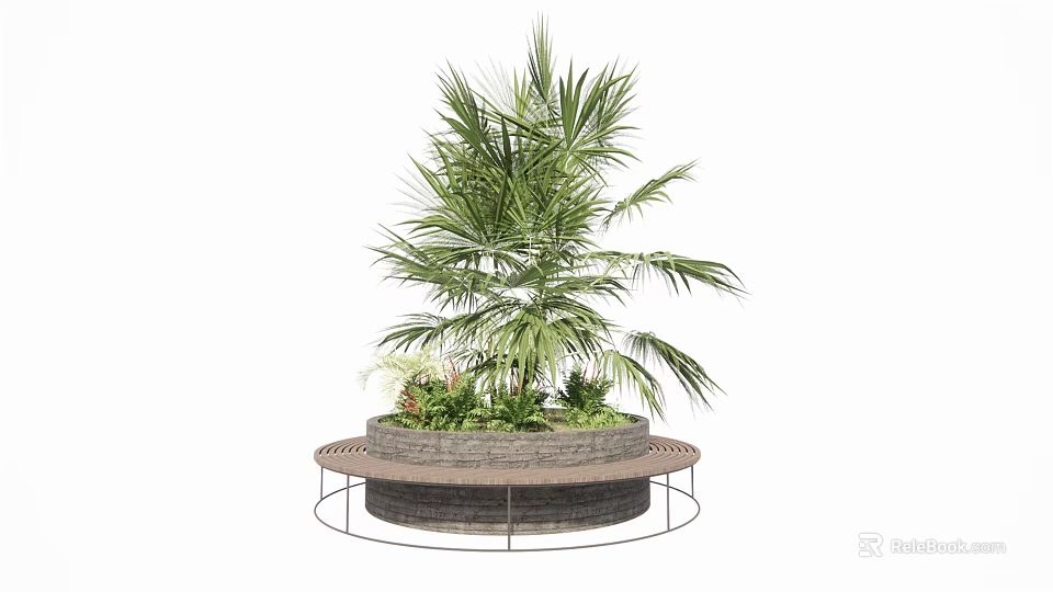 Outdoor Landscape Seating With Circular Design Metal Frame Palm Tree And Green Plants 3d model 