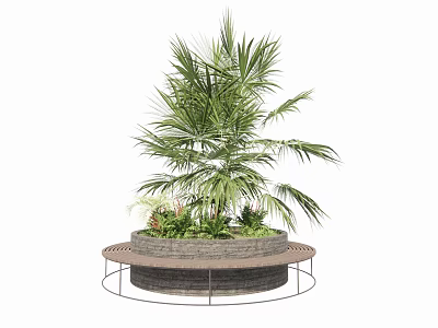 Outdoor Landscape Seating With Circular Design Metal Frame Palm Tree And Green Plants 3d model
