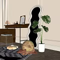 Wooden Dressing Table With Mirror Table Lamp Clear Stool And Monstera Plant On Marble Floor