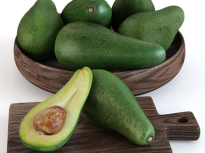 Fresh Green Avocados in Wooden Bowl and Halved on Wooden Board with Seed 3d model