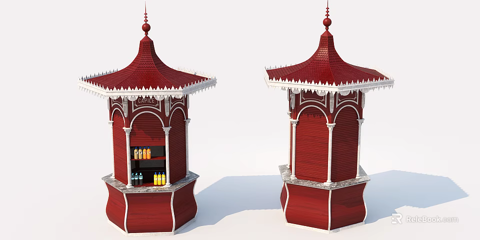 Red Ornate Kiosk With Pagoda Roof And Shelves Holding Beverages 3d model 