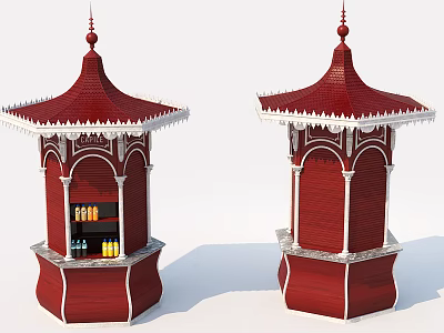 Red Ornate Kiosk With Pagoda Roof And Shelves Holding Beverages 3d model