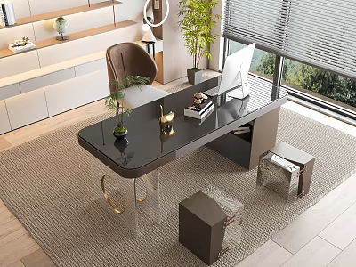 Modern Black Glass Top Desk With Brown Chair Green Plant Computer Monitor And Decorative Items 3d model