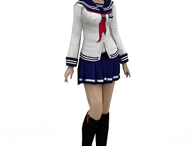 Woman In White Sailor Uniform With Blue Collar Red Tie Blue Skirt And Black Boots 3d model
