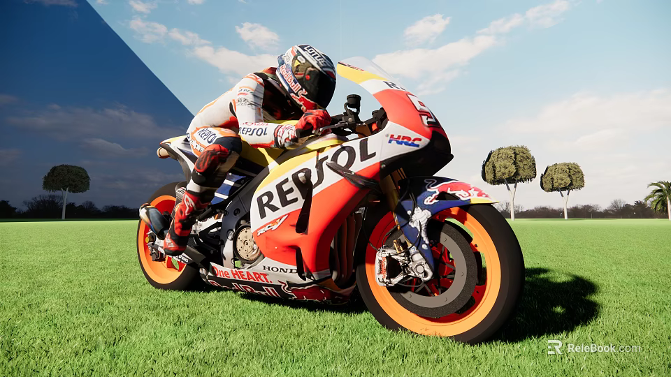 Racing Motorcycle With REPSOL Logo And Rider On Green Grass Field Under Blue Sky 3d model 