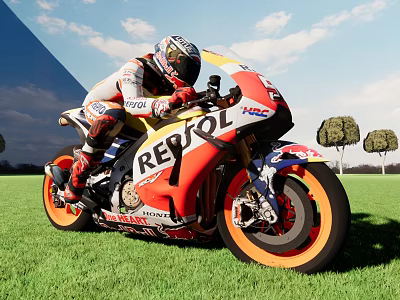 Racing Motorcycle With REPSOL Logo And Rider On Green Grass Field Under Blue Sky 3d model