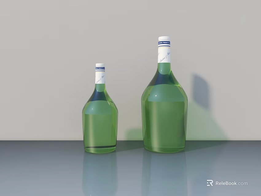 Two Large And Small Green Wine Bottles On Grey Table With White Caps And Labels 3d model 