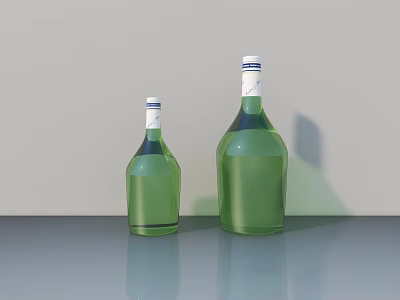 Two Large And Small Green Wine Bottles On Grey Table With White Caps And Labels 3d model