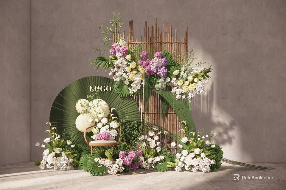 Commercial Event Decorative Equipment With Floral Arrangements Bamboo Backdrop And Logo Area 3d model 