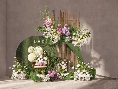 Commercial Event Decorative Equipment With Floral Arrangements Bamboo Backdrop And Logo Area 3d model