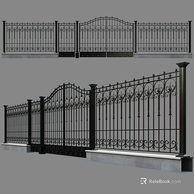 Wrought Iron Fence Components With Ornate Design Decorative Gates And Stone Base 3d model 