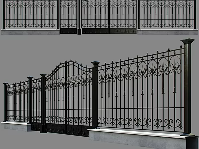 Wrought Iron Fence Components With Ornate Design Decorative Gates And Stone Base 3d model