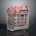 European Style Multi Story Building Model With Red Roof And Balconies