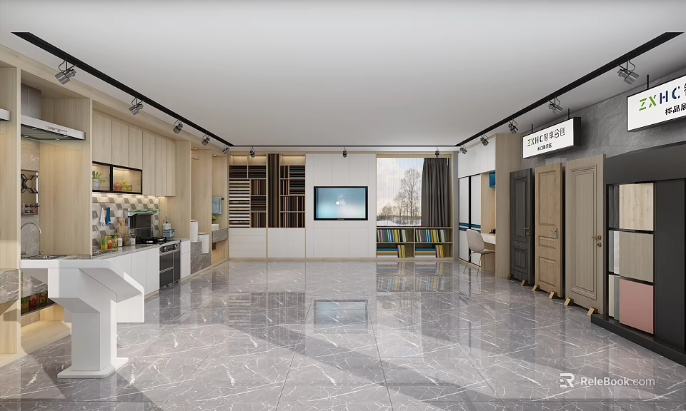 Modern Showroom Interior With Cabinets Display Shelves TV Screen Bookshelves And Marble Floor 3d model 