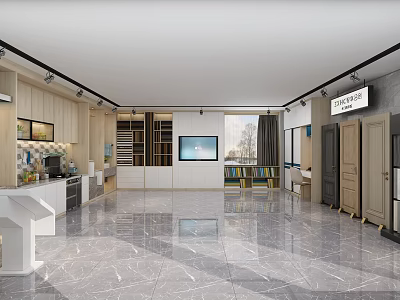 Modern Showroom Interior With Cabinets Display Shelves TV Screen Bookshelves And Marble Floor 3d model
