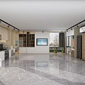 Modern Showroom Interior With Cabinets Display Shelves TV Screen Bookshelves And Marble Floor